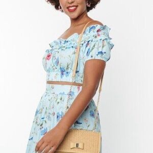 Unique Vintage sz 14 Blue Floral Bird cropped off-shoulder top blouse ruffle